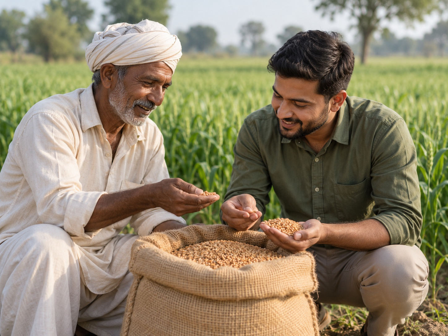 AI-generated scene of a farmer and sourcing professional discussing wheat quality beside a field