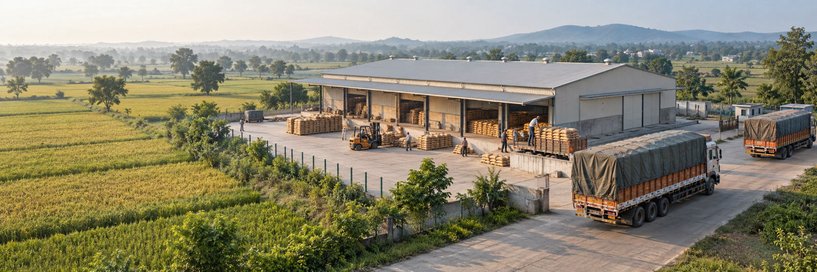 Illustrative panorama connecting farmland, grain warehousing and freight transport