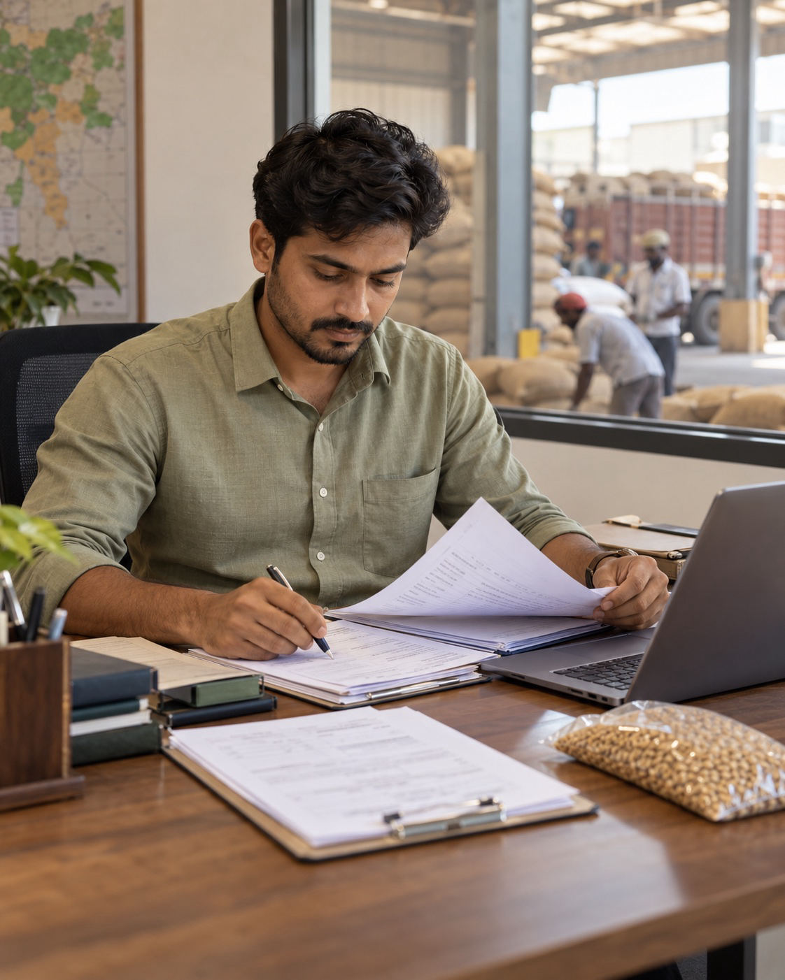 Illustrative scene of a trade coordinator reviewing shipment documents