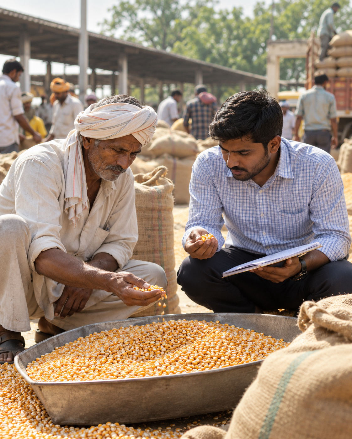 Illustrative scene of a farmer and procurement specialist inspecting maize at a mandi
